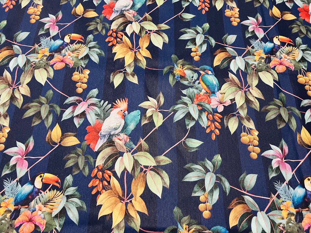 Exclusive and refined cotton fabric - "Tropical birds on a banded background" design - Upholstery fabric  - 300 cm - 280 cm #1.1