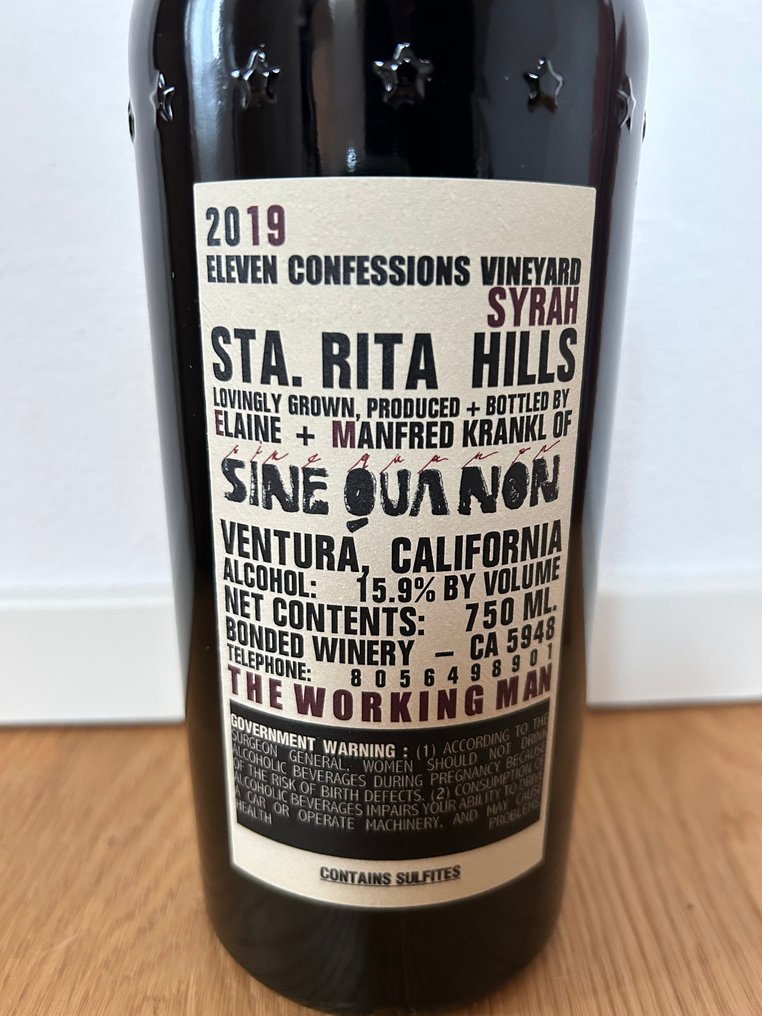 2019 Sine Qua Non, Eleven Confessions Syrah, The Working Man - Kalifornien - Flasche (0,75Â l) #1.2
