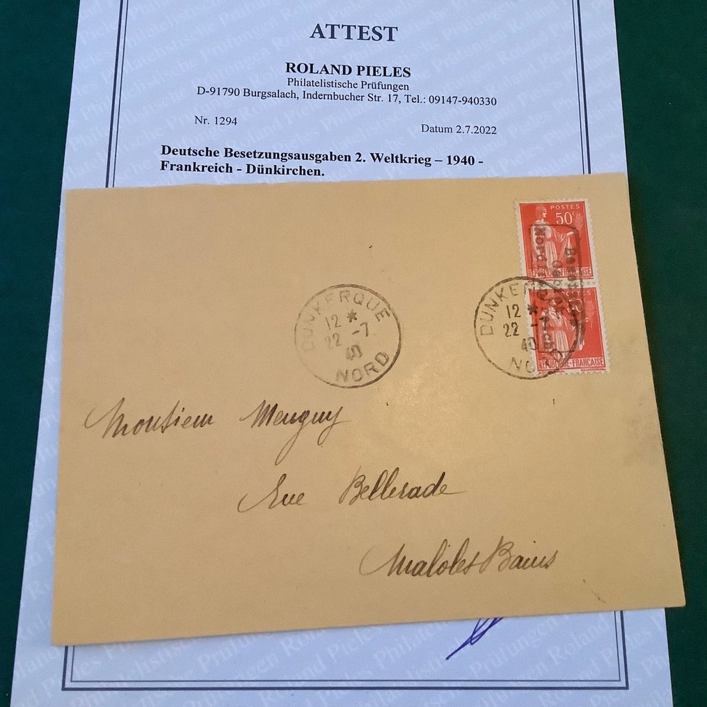 Império Alemão - Ocupação da França (1941-1945) 1940 - Mergulhadores: Paix de 50 cêntimos com impressão invertida - com certificado fotográfico - Michel 2 I K #1.2