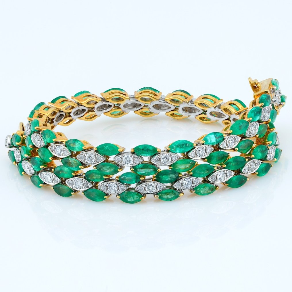 (IGI Certified) - Emerald (4.05) Cts (66) Pcs Diamond (0.70) Cts (98) Pcs - Bracciale - 18 carati Oro bianco, Oro giallo #1.1