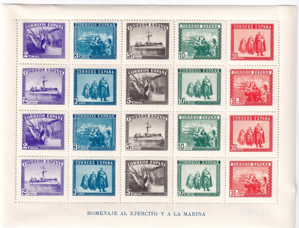 Espagne 1938 - Hommage Armée et Marine - 3 feuilles - numérotation corrélative - Edifil 849 #1.0