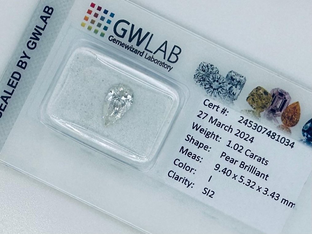 1 pcs Diamant  (Natuurlijk)  - 1.02 ct - Peer - I - SI2 - Antwerp International Gemological Laboratories (AIG Israel) #2.2