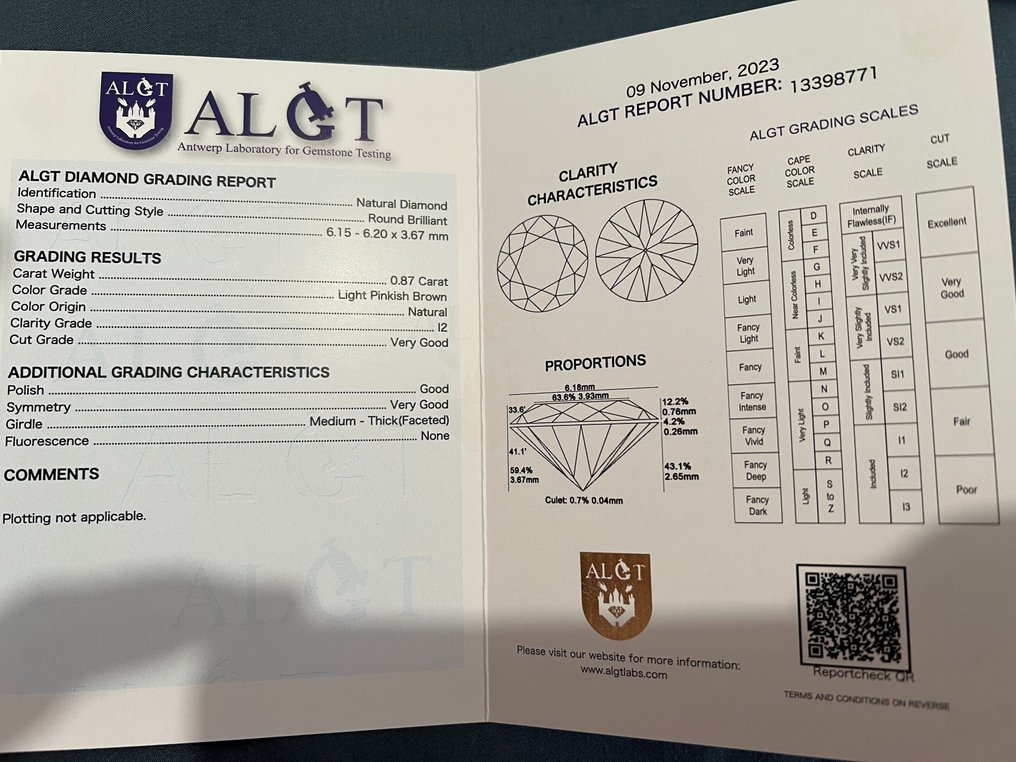 1 pcs Diamant  (Natürlich farbig)  - 0.87 ct - Rund - I2 - Antwerp Laboratory for Gemstone Testing (ALGT) #1.3