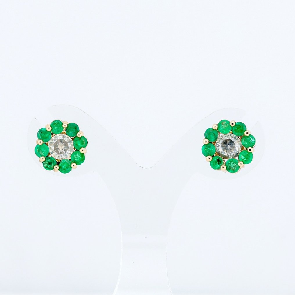 Sans Prix de Réserve - (IGI Certified) - Diamond (0.53) Cts (2) Pcs Emerald (0.65) Cts (16) Pcs - Boucles d'oreilles - 14 carats Or jaune #1.2