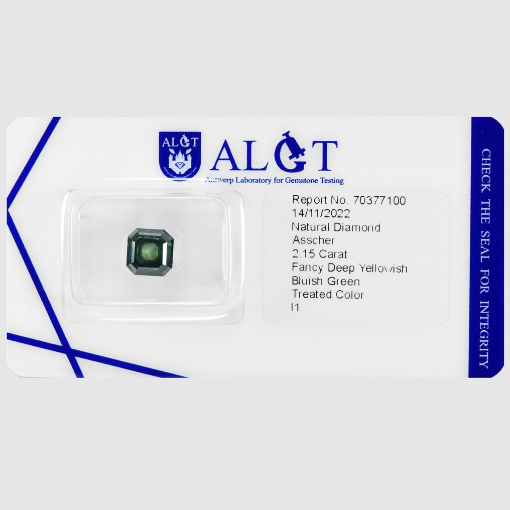 1 pcs Diamante  (Con trattamento colore)  - 2.15 ct - Fancy deep Bluastro Verde - I1 - Antwerp Laboratory for Gemstone Testing (ALGT) #1.1