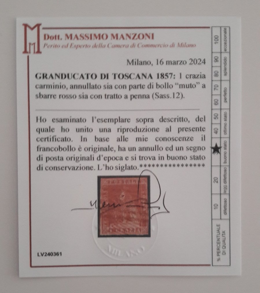 Antiguos Estados de Italia - Toscana  - Sassone 12, certificado y firmado por M. Manzoni - Sassone n. 12 #2.1