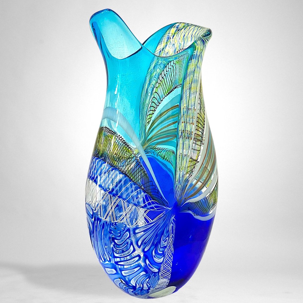 Filippo Maso - 花瓶 -  大藍色/淺藍色花瓶，飾有金絲、鼠尾草和網紋  - 玻璃 #2.1