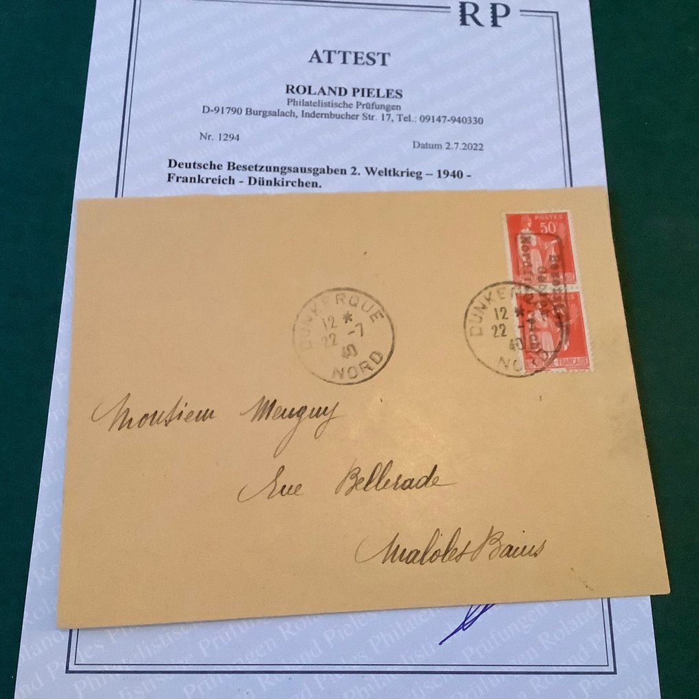 Império Alemão - Ocupação da França (1941-1945) 1940 - Mergulhadores: Paix de 50 cêntimos com impressão invertida - com certificado fotográfico - Michel 2 I K #1.1