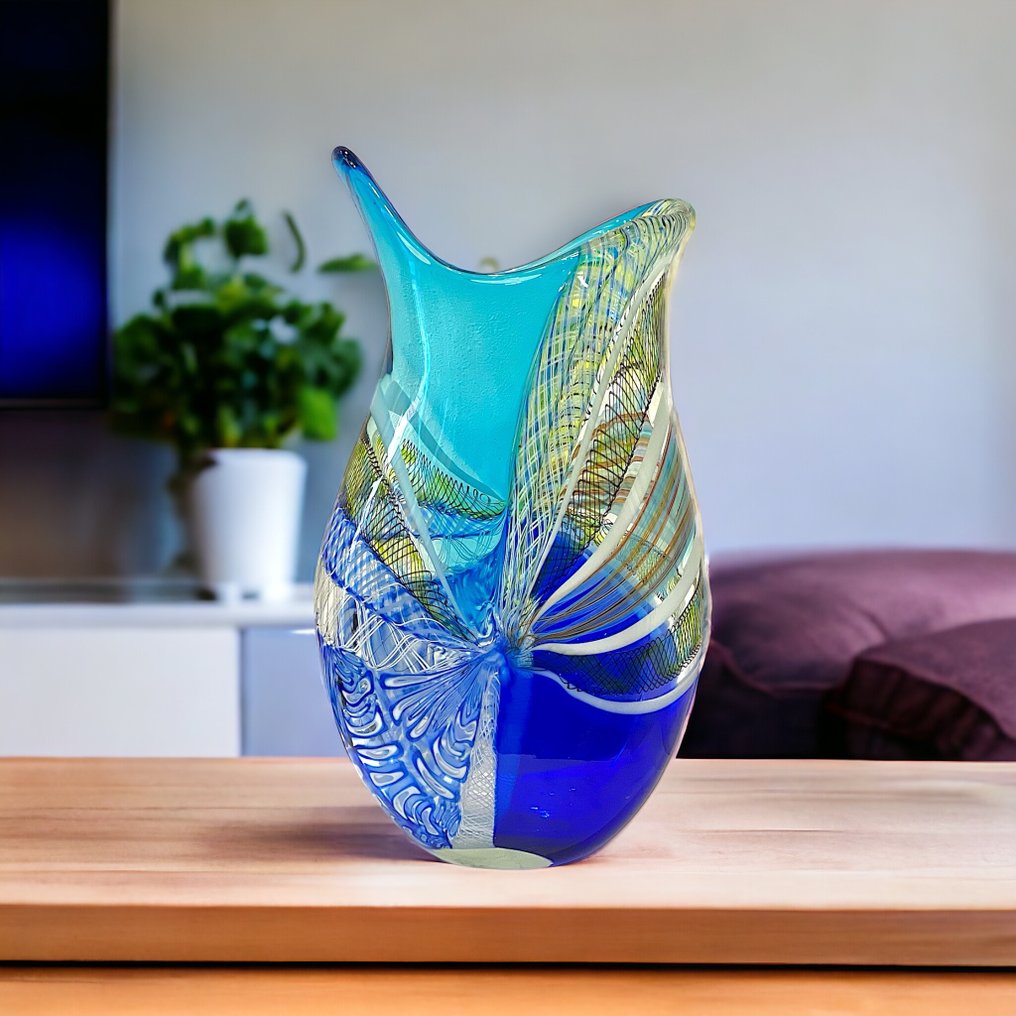 Filippo Maso - 花瓶 -  大藍色/淺藍色花瓶，飾有金絲、鼠尾草和網紋  - 玻璃 #1.2