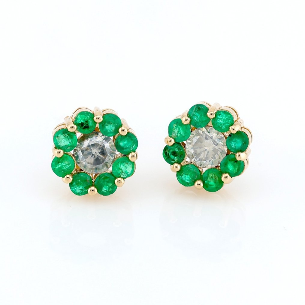 Sans Prix de Réserve - (IGI Certified) - Diamond (0.53) Cts (2) Pcs Emerald (0.65) Cts (16) Pcs - Boucles d'oreilles - 14 carats Or jaune #1.1