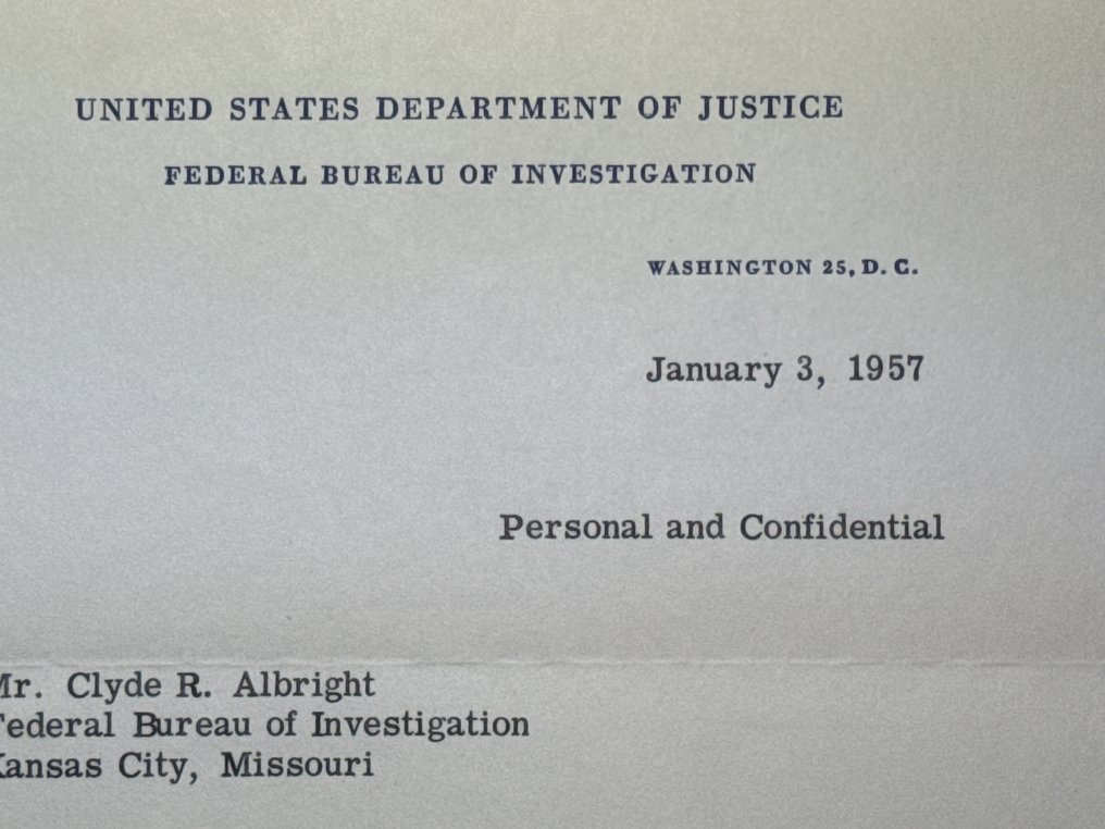 FBI Director Egar Hoover (1895-1972) - Autograph signed letter to Special FBI-Agent C. R. Albright, Commendation for services in a - 1957 #3.2