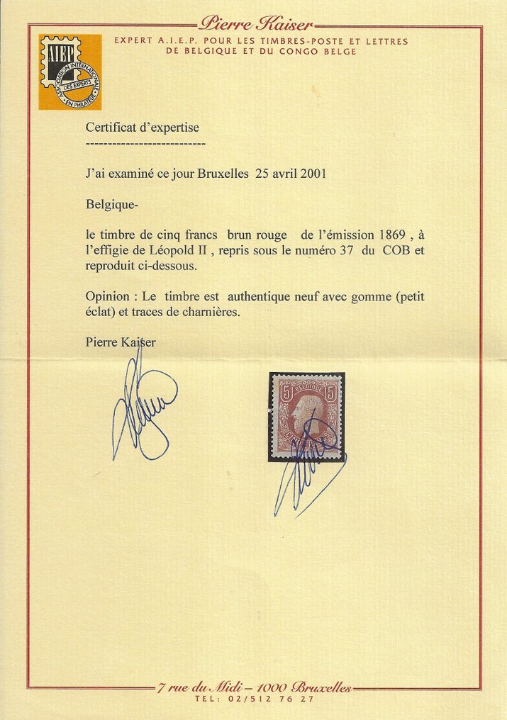 Belgique 1878 - 5F Brun rouge, Léopold II, avec certificat Kaiser - OBP/COB 37 #2.1