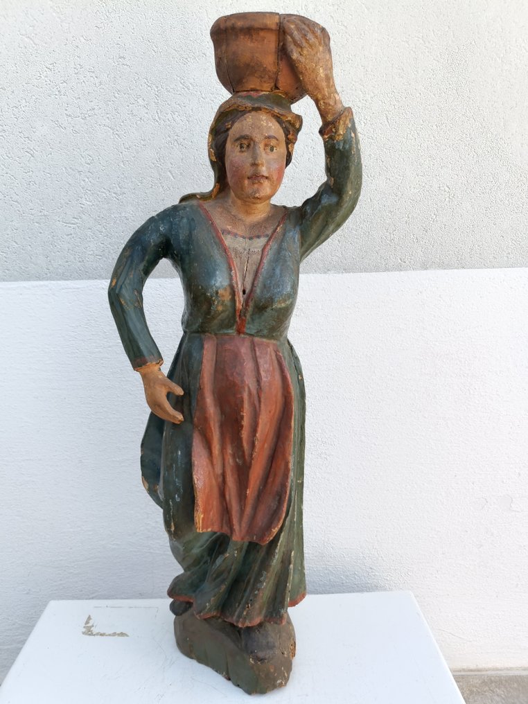 Estátua, "Donna popolana con cesto sulla testa" - 61 cm - madeira entalhada pintada com cores policromadas #1.1
