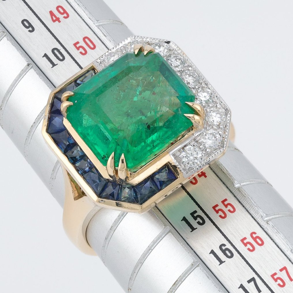 "GIA"  - (Emerald) 5.12 Ct, (Blue) Sapphire & Diamond Combo - 14-karatowe Dwukolorowy - Pierścionek #2.1