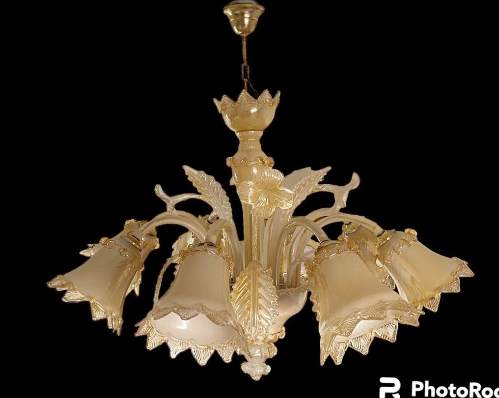 Żyrandol - Żyrandol ze szkła Murano w kolorze kremowym mazzuccato i złotym #1.1