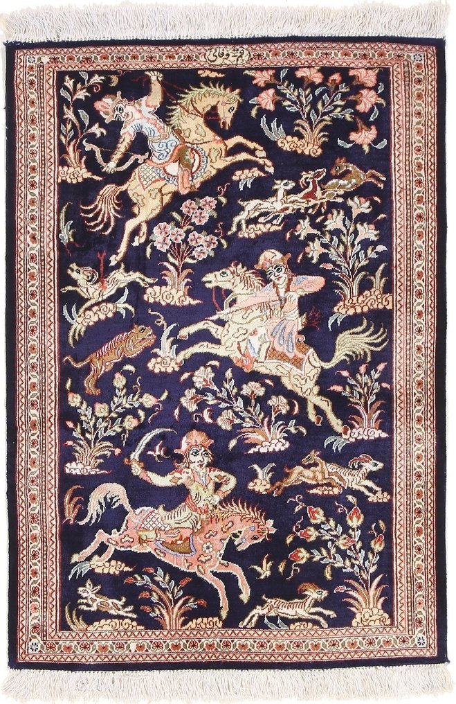 Stunning Pure Silk Qom Hunting Persian Rug - Dywanik - 79 cm - 55 cm #1.1