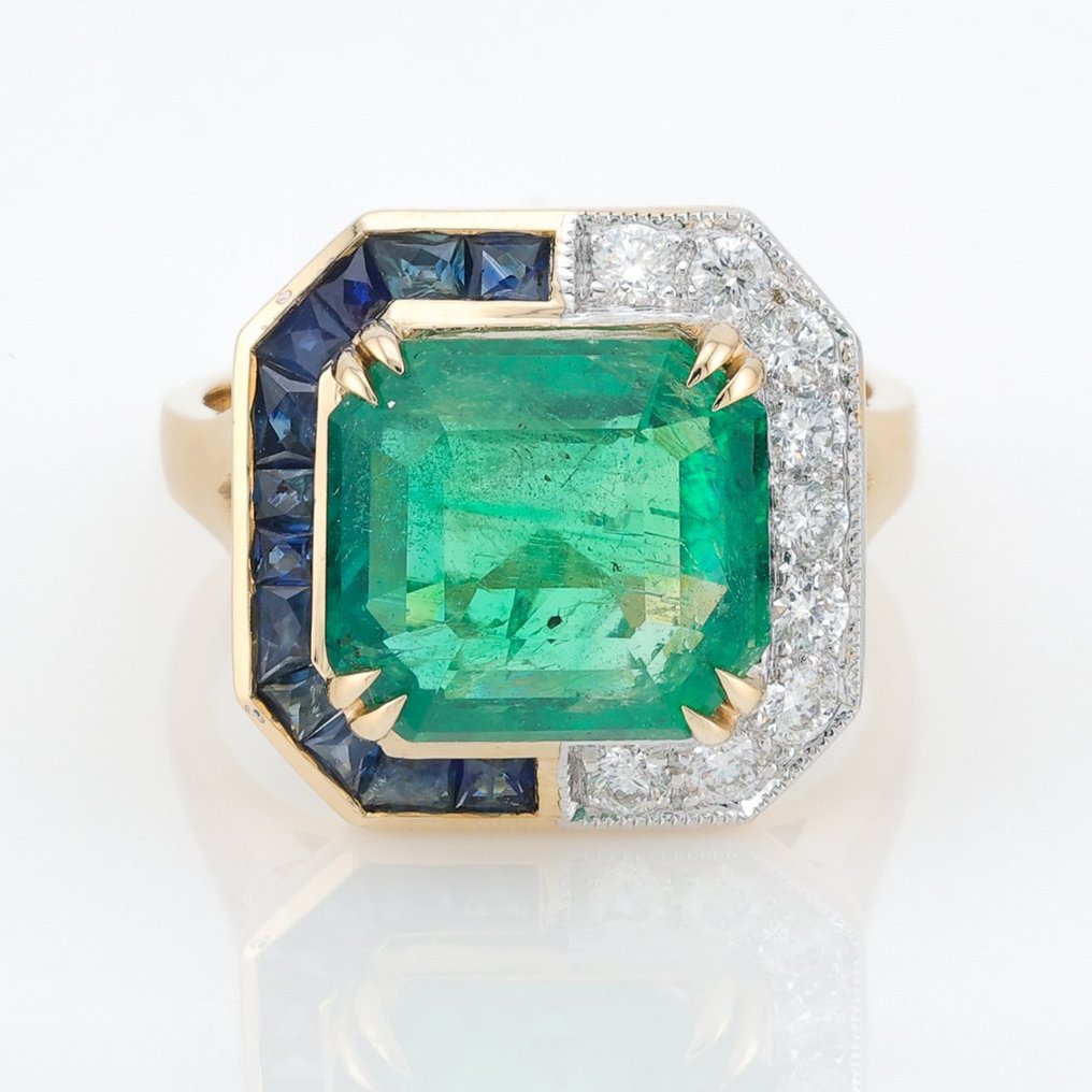 "GIA"  - (Emerald) 5.12 Ct, (Blue) Sapphire & Diamond Combo - 14-karatowe Dwukolorowy - Pierścionek #1.1