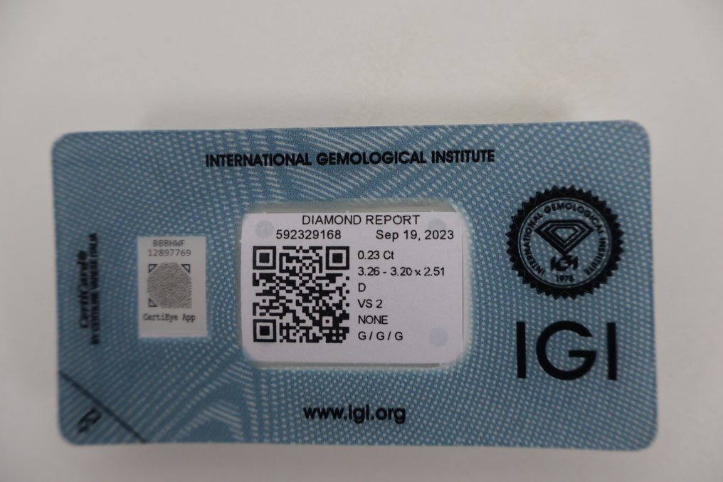 1 pcs Diament  (Naturalny)  - 0.23 ct - VS2 (z bardzo nieznacznymi inkluzjami) - International Gemological Institute (IGI) #2.1