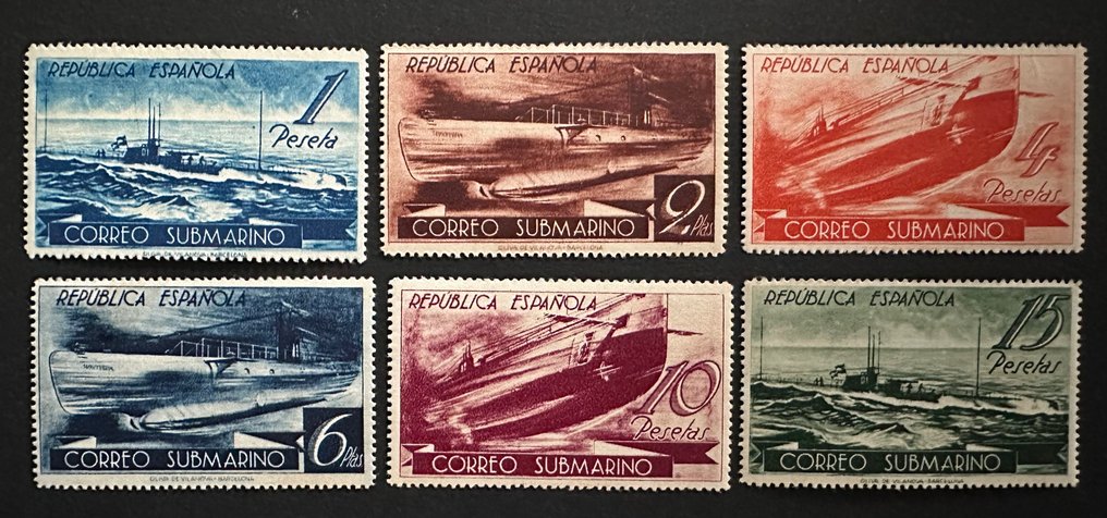 Spanien 1938/1938 - Submarine Mail, MNH, original gummi, 4,6 og 15 punkt markeringer, original gummi, luksus centrering. - Edifil 775/780 #1.1