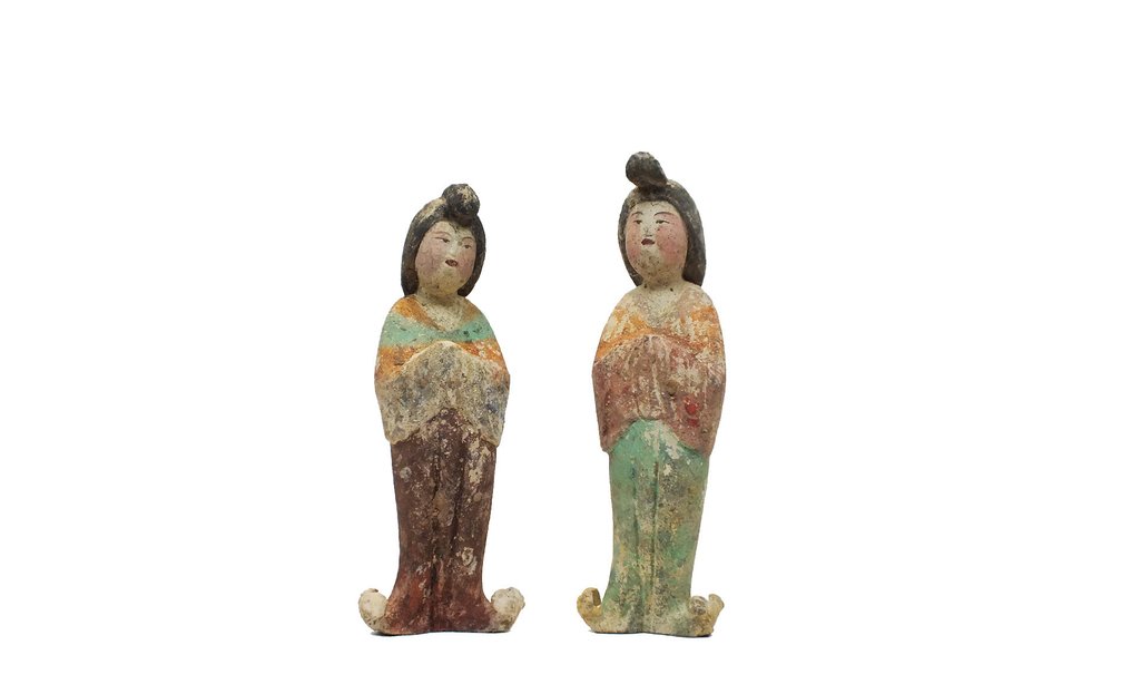 Terracotta 一对精美的彩陶胖妇人像 - 22 cm #2.2