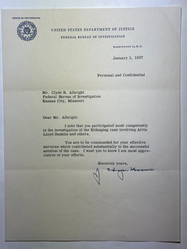 FBI Director Egar Hoover (1895-1972) - Autograph signed letter to Special FBI-Agent C. R. Albright, Commendation for services in a - 1957 #1.1