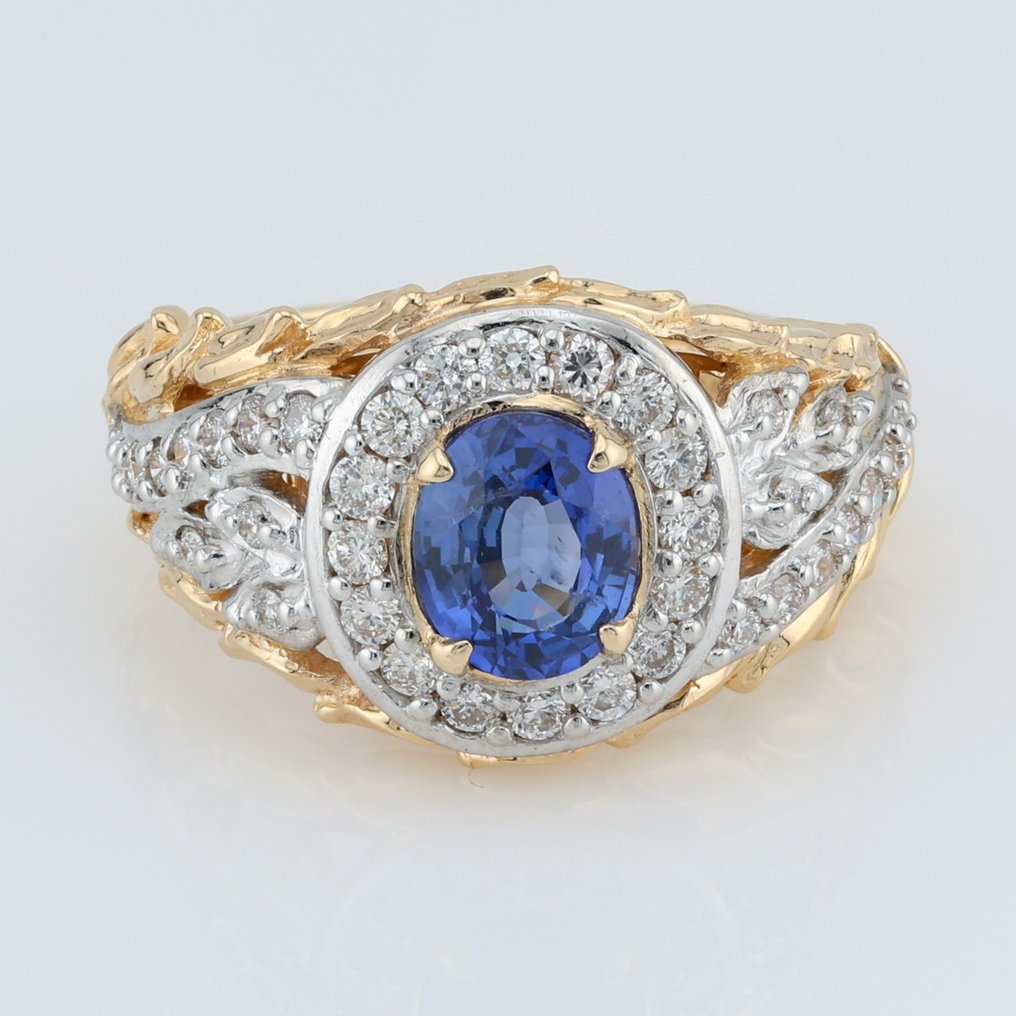 "GIA"!- (Blue) Sapphire (1.58) Ct & Diamond Combo - Anillo - 14 quilates Oro amarillo, Oro blanco #1.1