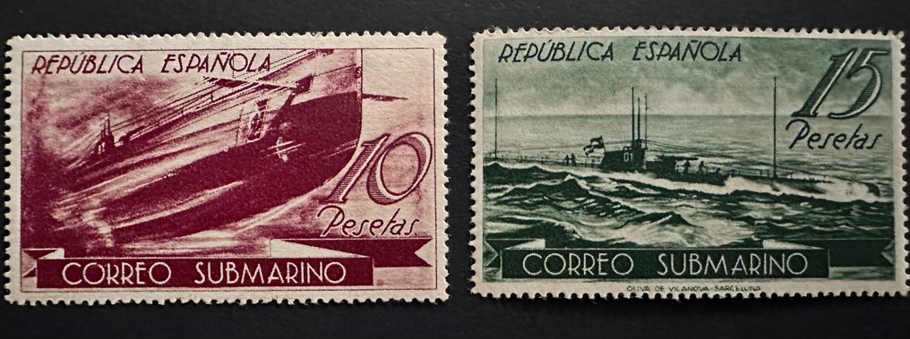 Spanien 1938/1938 - Submarine Mail, MNH, original gummi, 4,6 og 15 punkt markeringer, original gummi, luksus centrering. - Edifil 775/780 #3.1
