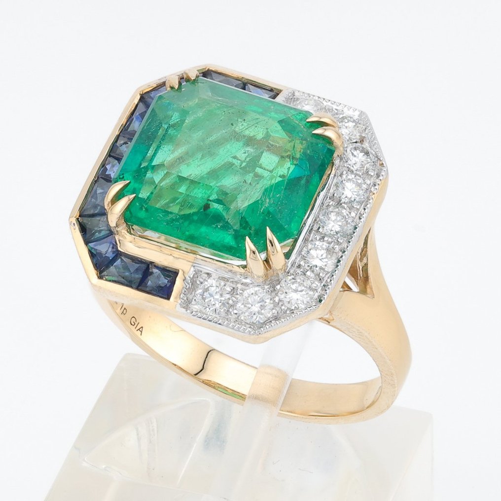 "GIA"  - (Emerald) 5.12 Ct, (Blue) Sapphire & Diamond Combo - 14-karatowe Dwukolorowy - Pierścionek #1.2