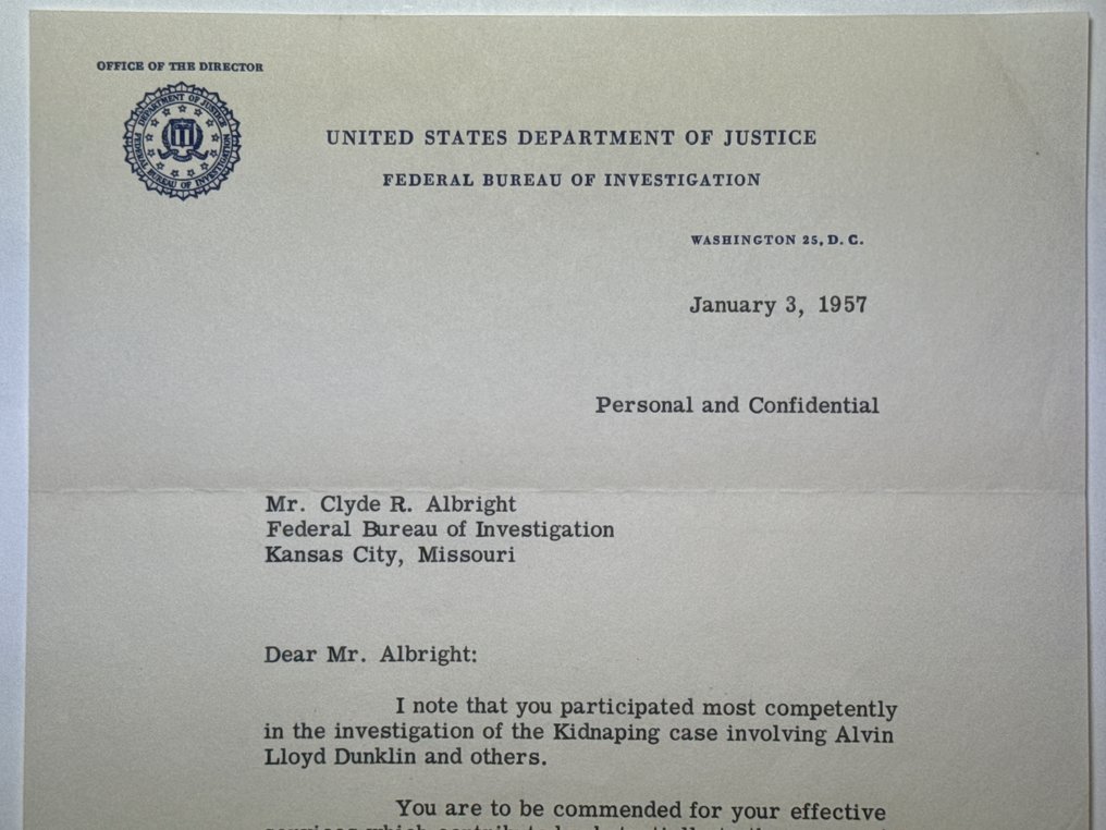 FBI Director Egar Hoover (1895-1972) - Autograph signed letter to Special FBI-Agent C. R. Albright, Commendation for services in a - 1957 #1.3