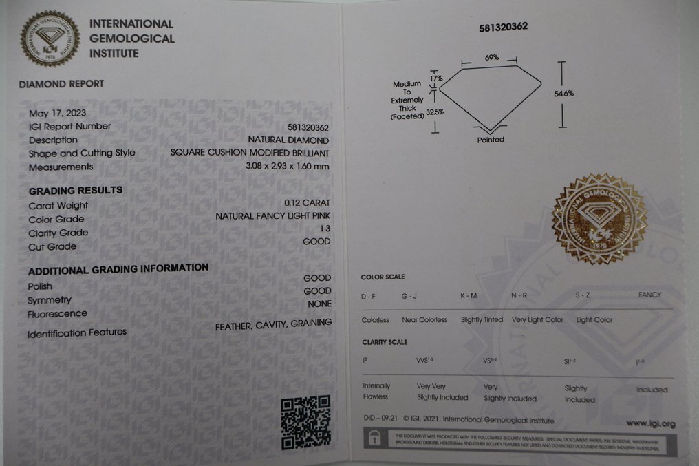 1 pcs Diamant  (Couleur naturelle)  - 0.12 ct - Coussin - Fancy light Rose - I3 - International Gemological Institute (IGI) #2.2