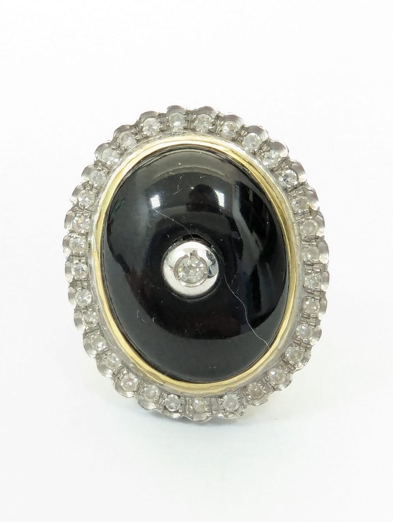 戒指 - 18K包金 白金 钻石  (天然) - 缟玛瑙 #1.2