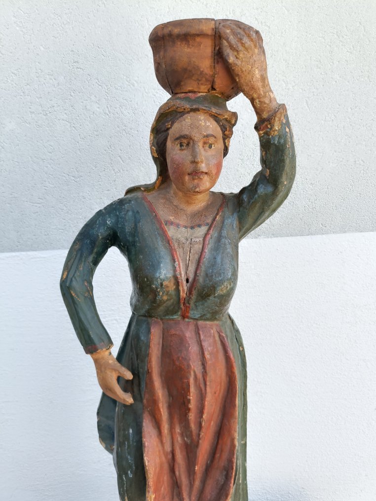 Estátua, "Donna popolana con cesto sulla testa" - 61 cm - madeira entalhada pintada com cores policromadas #1.2