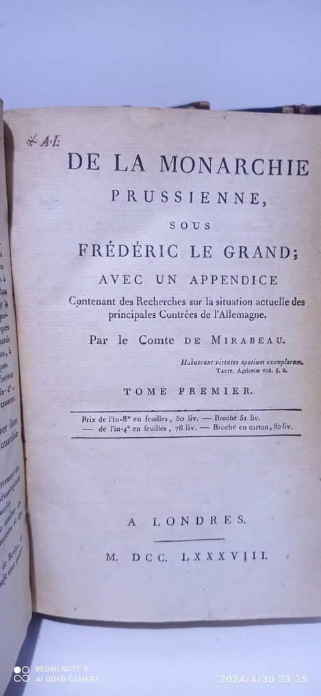 Le Comte de Mirabeau - De la monarchie prussienne, sous Frédéric le grand , avec un appendice contenant des recherches... - 1788 #3.2