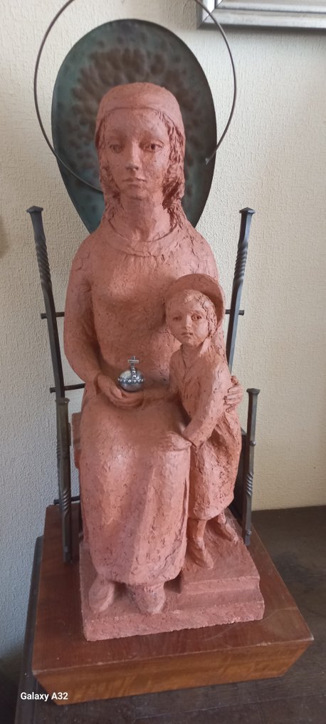 Statue, Madonna met Kind op Troon - 80 cm - Töpferware - 1963 #1.1