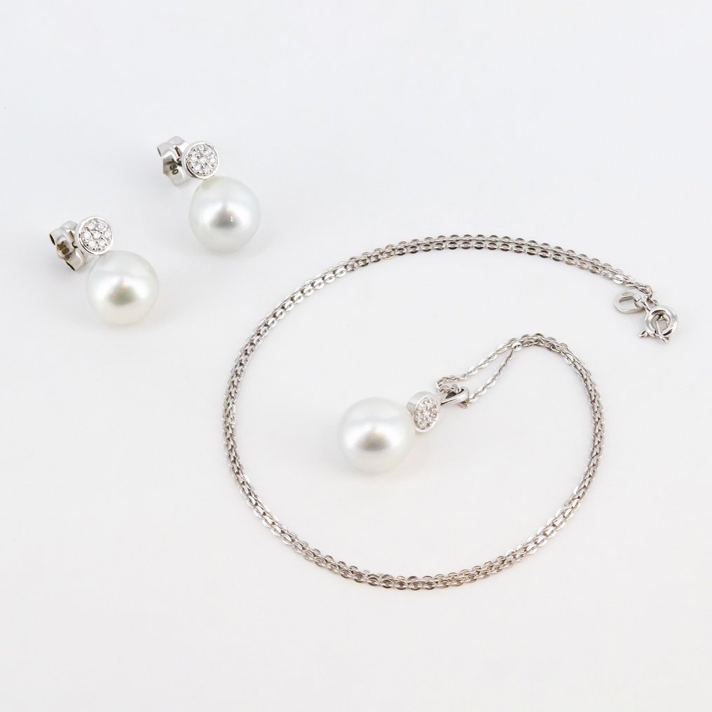兩件珠寶套裝 - 18 克拉 白金 鉆石  (天然) - 珍珠 #1.1