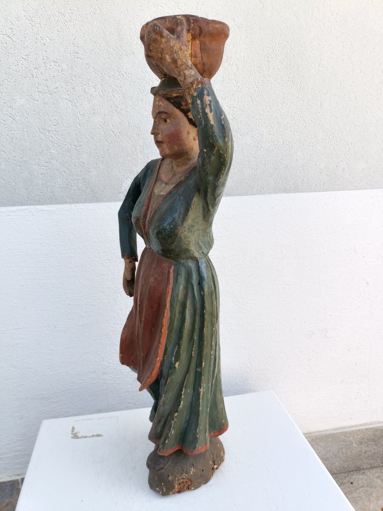 Estátua, "Donna popolana con cesto sulla testa" - 61 cm - madeira entalhada pintada com cores policromadas #2.1