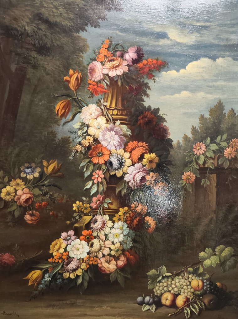 Edoardo Anselli (XX) - Coppia di nature morte con fiori e frutta su sfondo di paesaggio #1.1