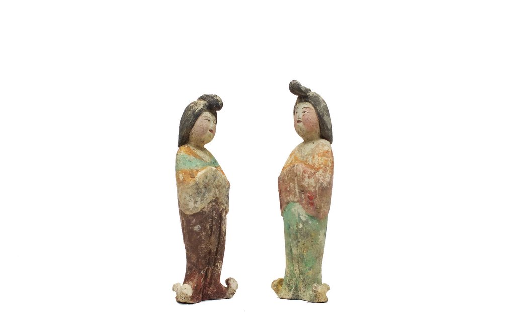 Terracotta 一对精美的彩陶胖妇人像 - 22 cm #1.1