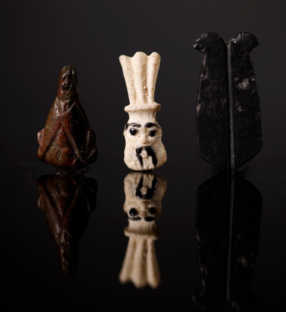 Muinainen Egypti Fajanssi Lootuskukka, God Bes ja Maat höyhenet amuletteja - 2.5 cm #1.1