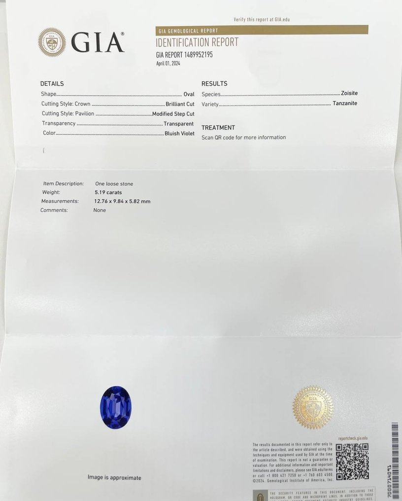 GIA-sertifisert blålig fiolett tanzanitt - 5.18 ct #1.2