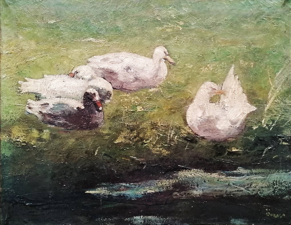 Jacobus Johannes Doeser (1884-1970) - Ducks and a pigeon in a summer meadow #1.1