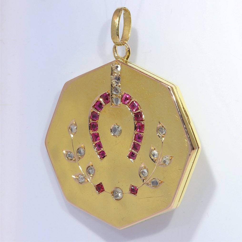 Vintage 1920's Art Deco - Medalion - 18 ct. Aur galben Rubin - Diamant  #1.2