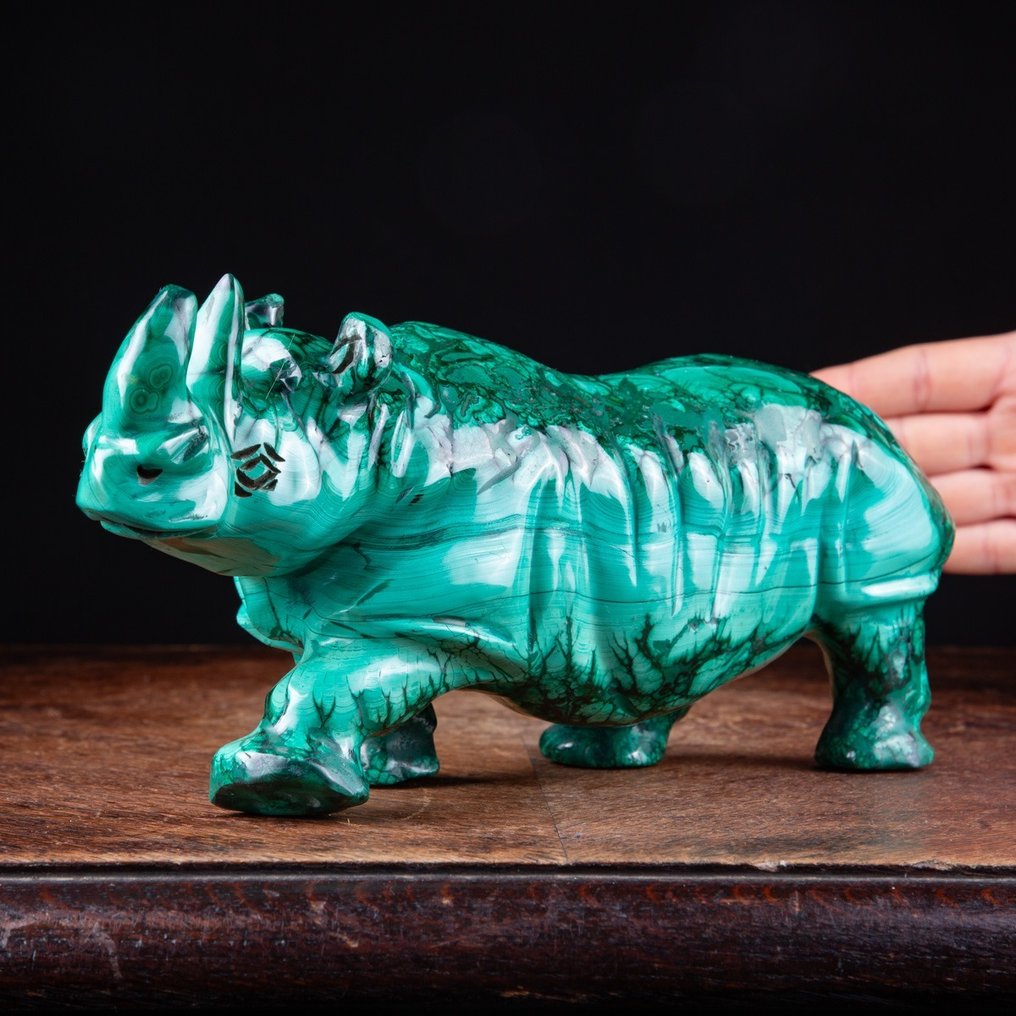 Malaquita - Rinoceronte - Primera Elección - Tallado de Calidad Extra - Altura: 119 mm - Ancho: 267 mm- 3474 g #1.1
