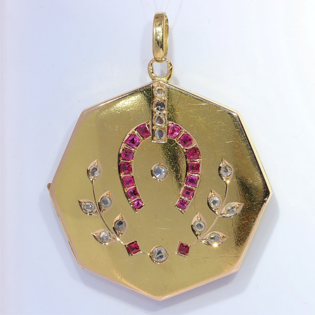 Vintage 1920's Art Deco - Medalion - 18 ct. Aur galben Rubin - Diamant  #2.1