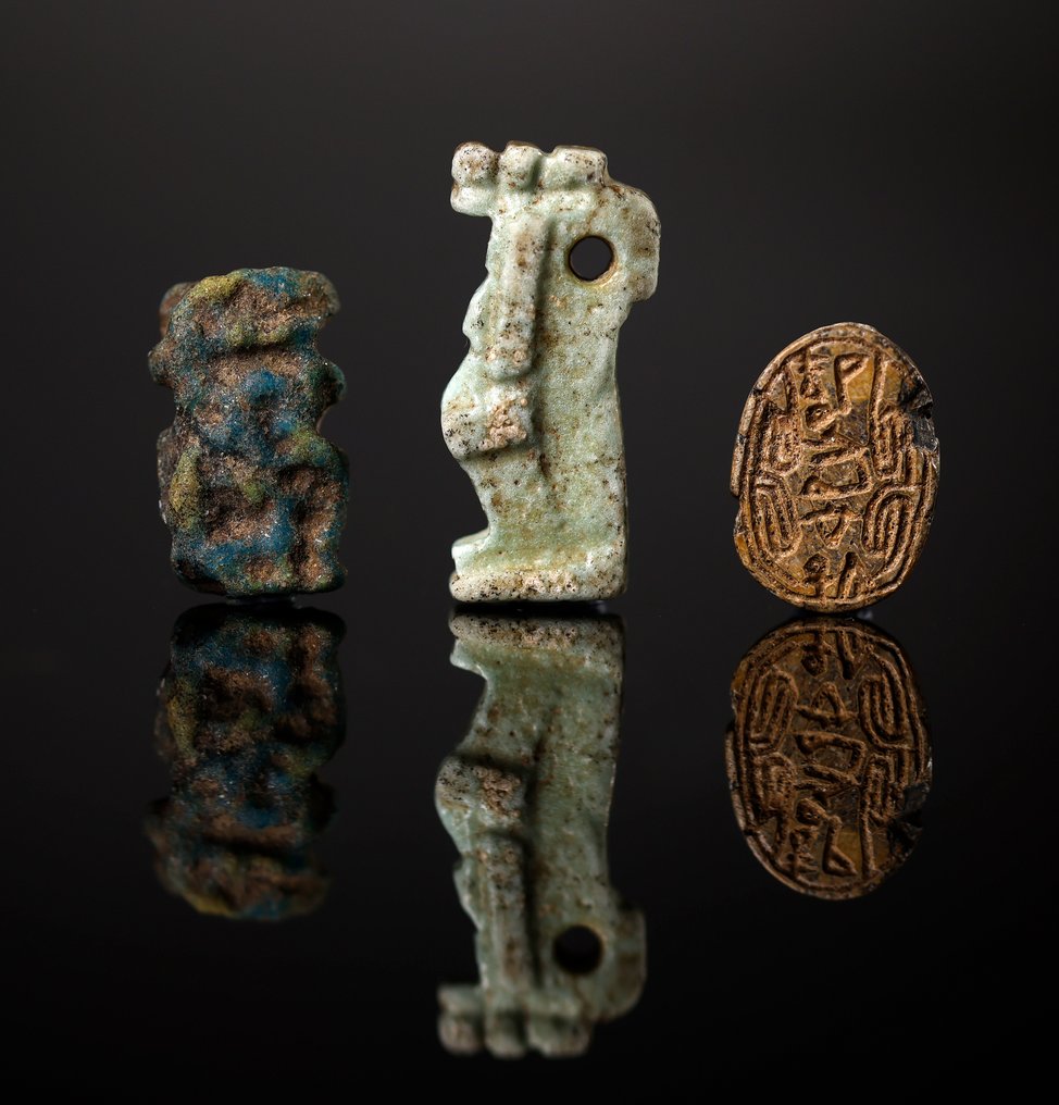 Antico Egitto Faenza Amuleti egiziani Taweret, Bes e scarabeo - 2.7 cm #1.1