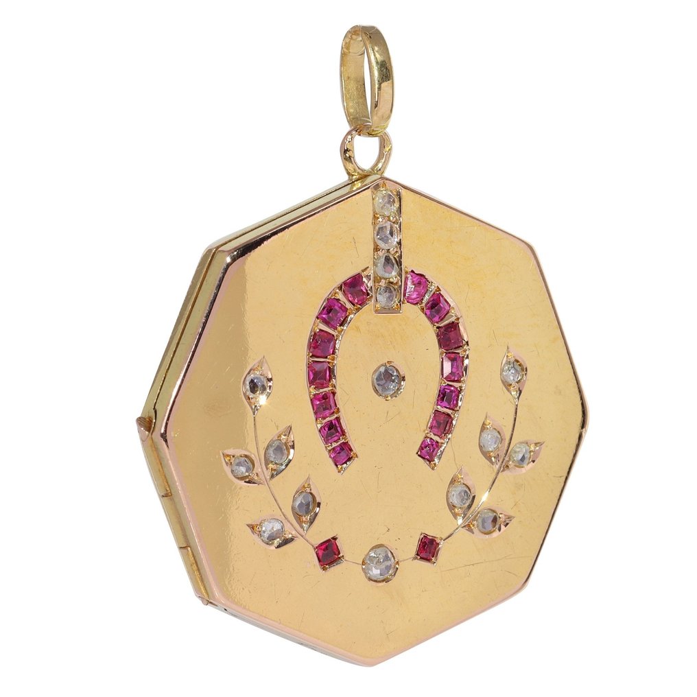 Vintage 1920's Art Deco - Medalion - 18 ct. Aur galben Rubin - Diamant  #1.1