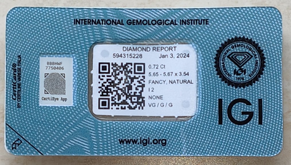 沒有保留價 - 1 pcs 鑽石  (天然彩色)  - 0.72 ct - Fancy 褐色 - I2 - 國際寶石學院（International Gemological Institute (IGI)） #2.1