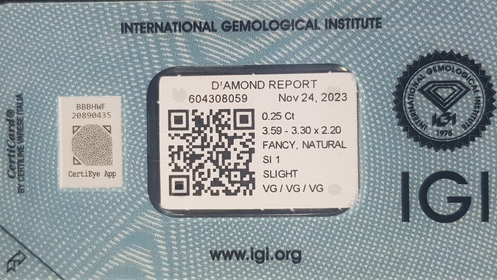 1 pcs Diament  (W kolorze naturalnym)  - 0.25 ct - poduszkowy - Fancy intense Brązowawy Żółty - SI1 (z nieznacznymi inkluzjami) - International Gemological Institute (IGI) #3.1