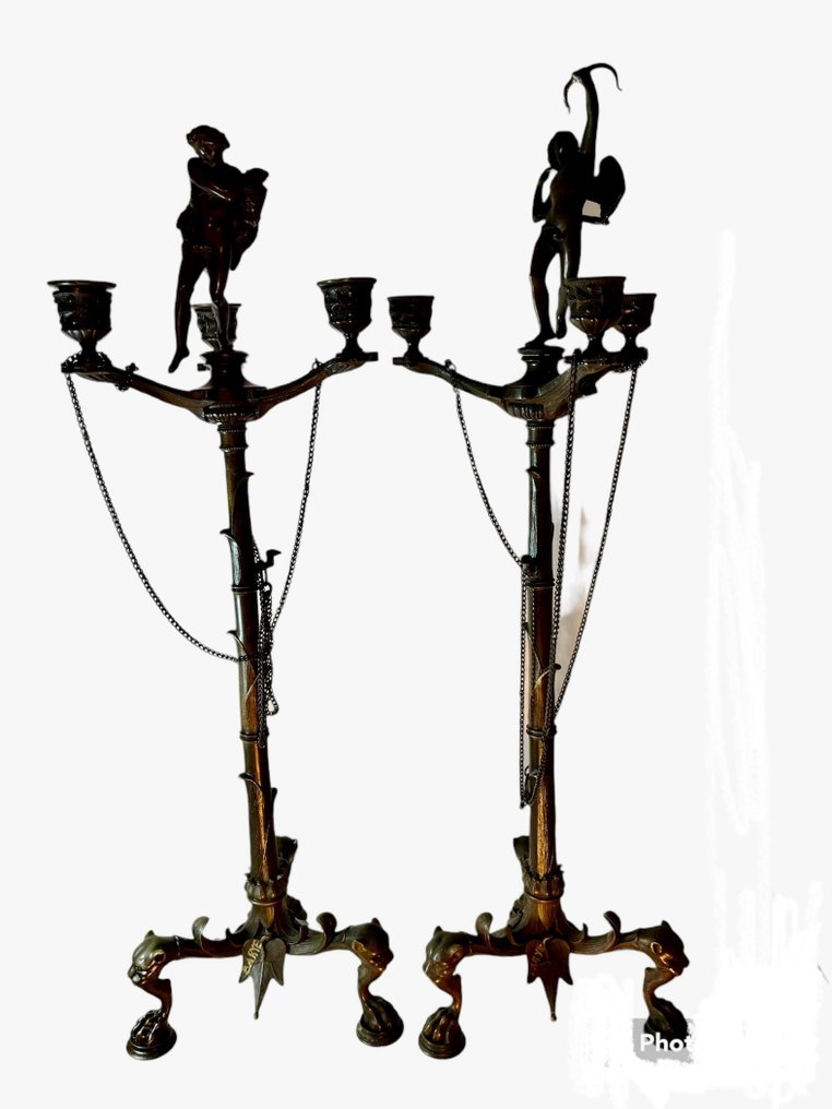 Rzeźba, Candélabres antiques à trois lumières - 63 cm - Brąz patynowany - 1845 #1.2