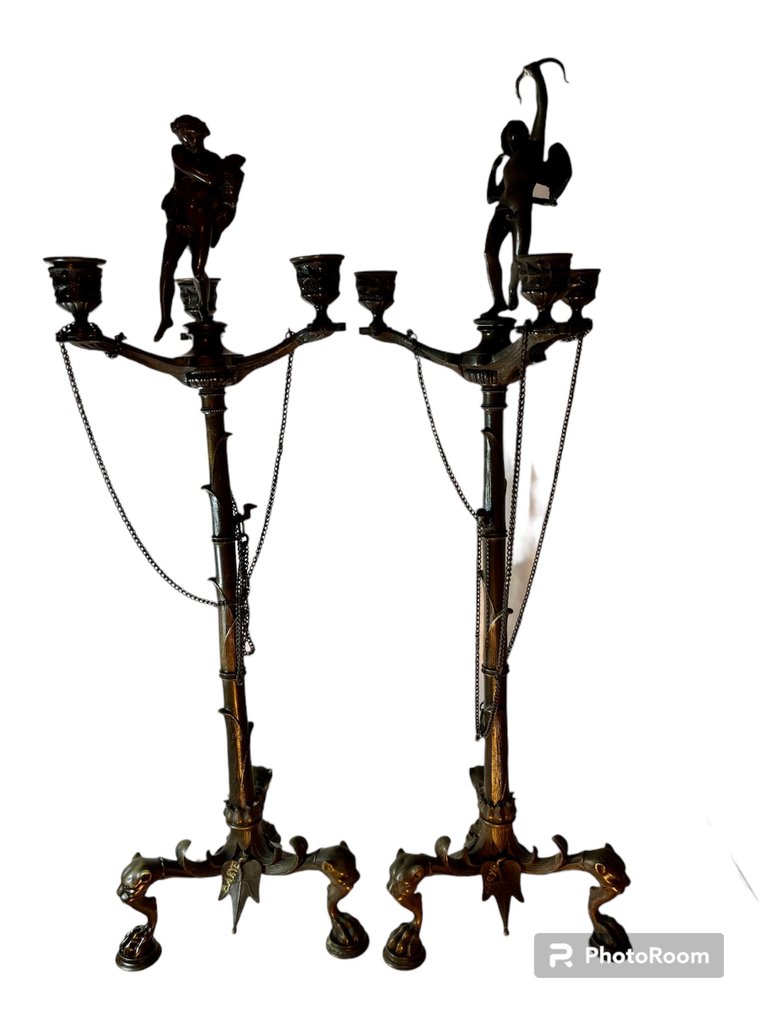 Rzeźba, Candélabres antiques à trois lumières - 63 cm - Brąz patynowany - 1845 #2.1